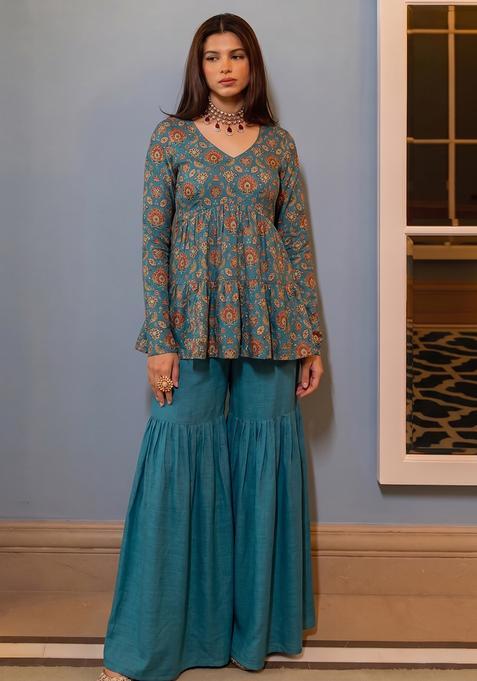 Teal Floral Print Cotton Sharara Set