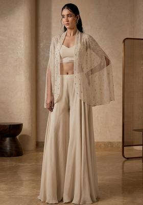 Beige Embroidered Handwork Fusion Set