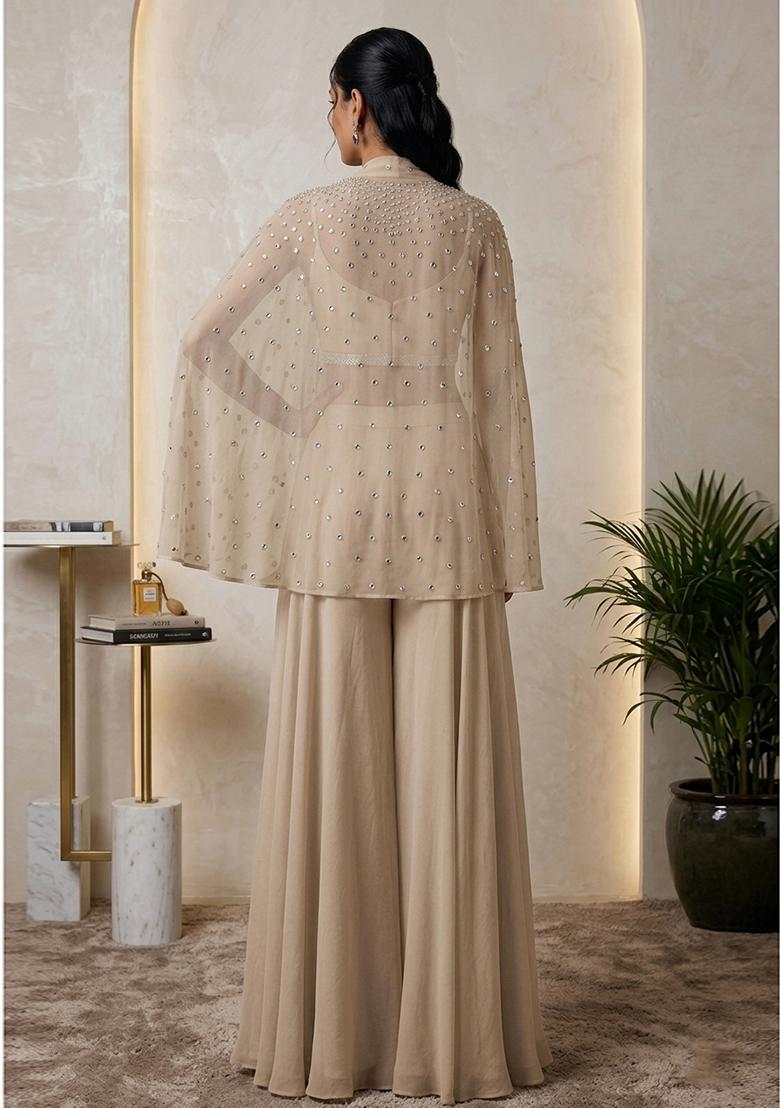 Beige Embroidered Handwork Fusion Set - Indya