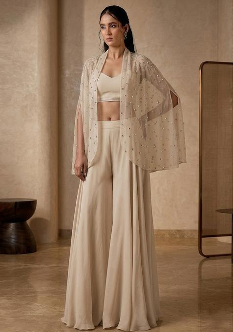 Beige Net Handwork Fusion Set