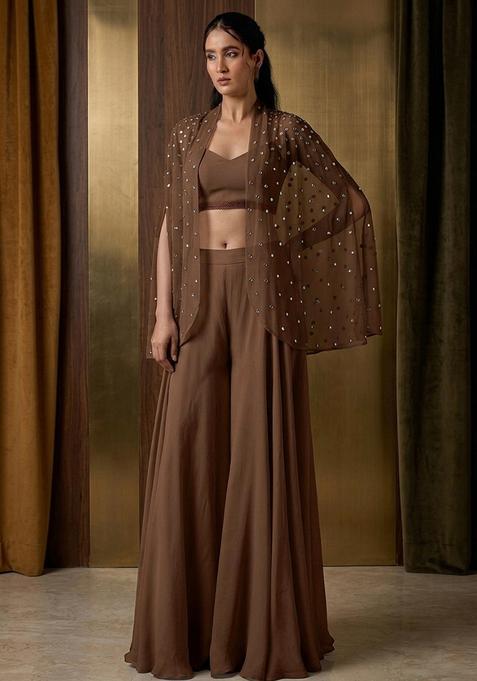 Chocolate Georgette Handwork Fusion Set