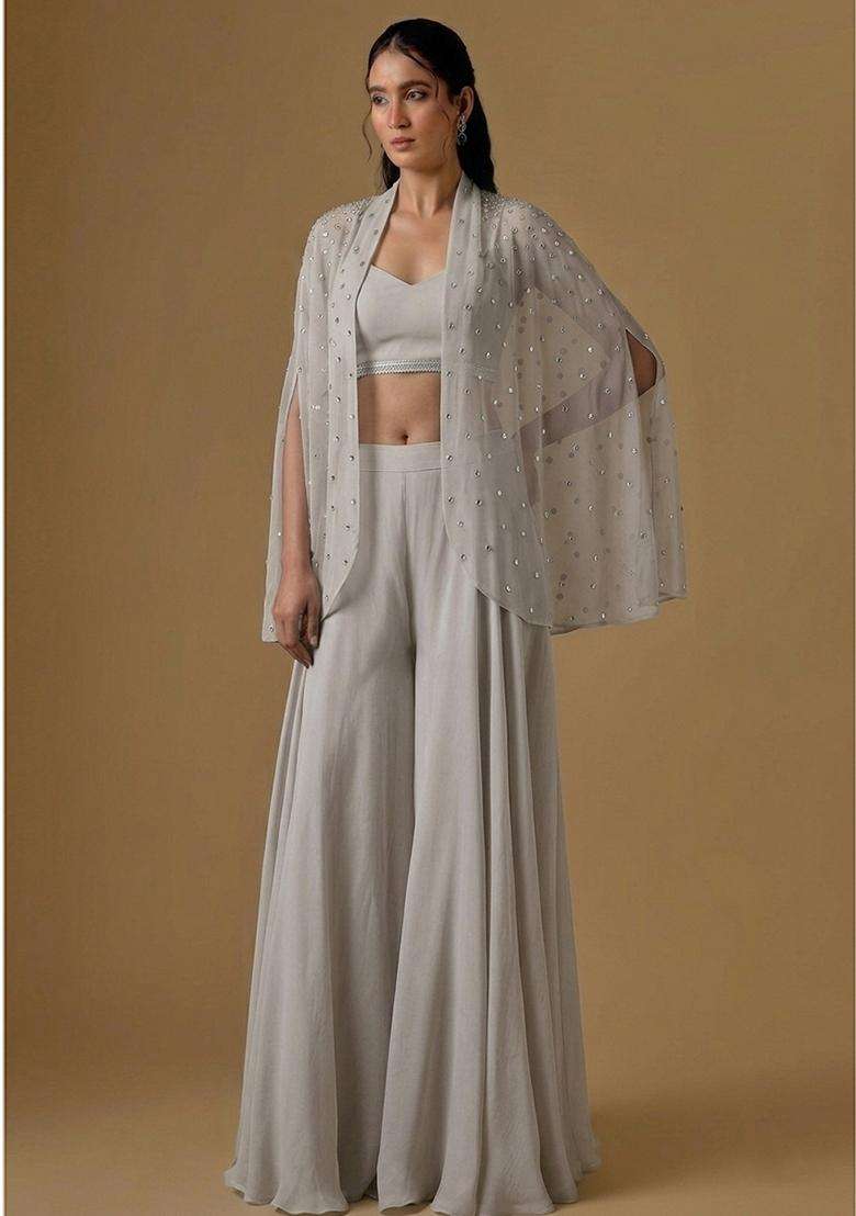 Temple Grey Embroidered Handwork Fusion Set - Indya