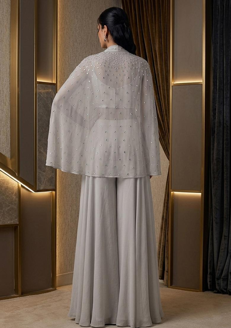 Temple Grey Embroidered Handwork Fusion Set - Indya