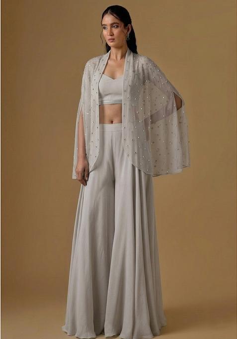 Temple Grey Net Handwork Fusion Set