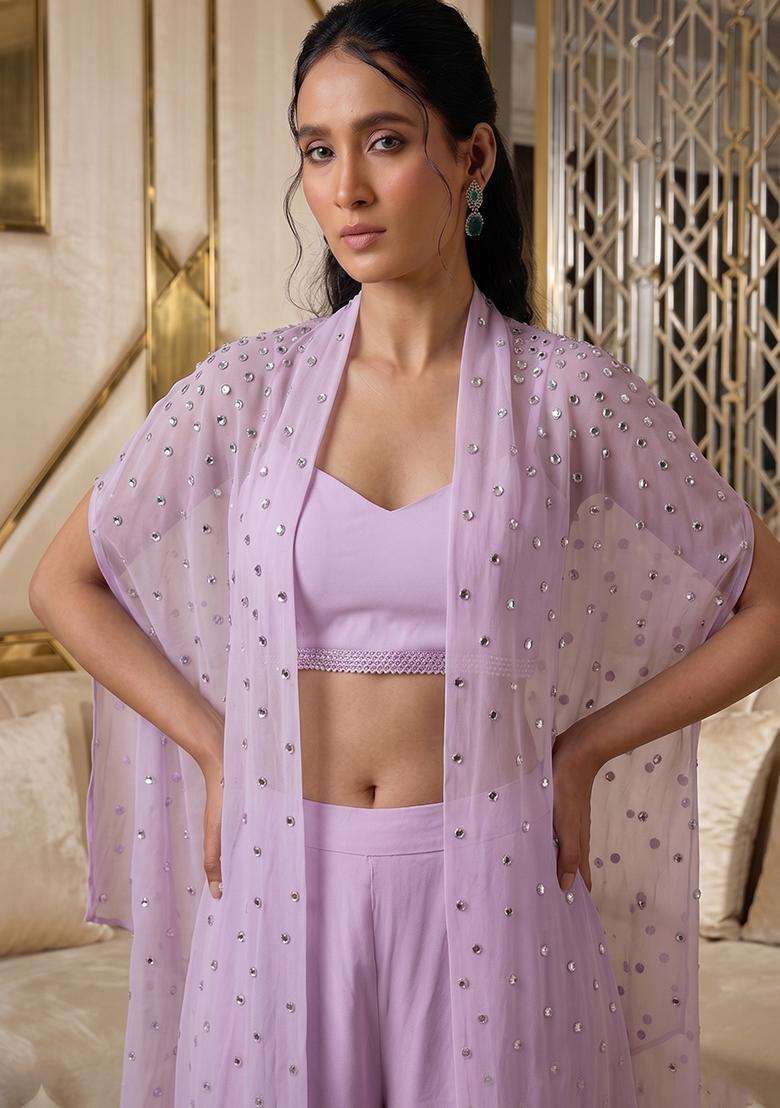 Lilac Embroidered Handwork Fusion Set - Indya