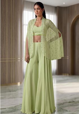 Mint Green Embroidered Handwork Fusion Set