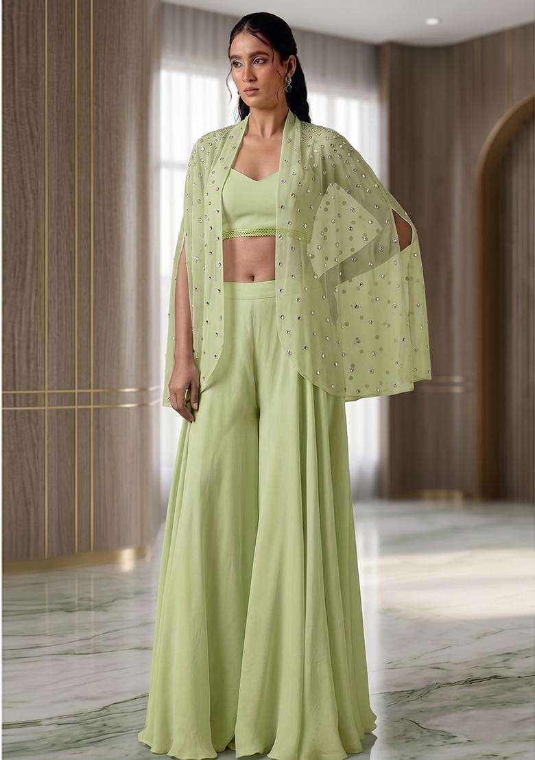 Mint Green Embroidered Handwork Fusion Set - Indya