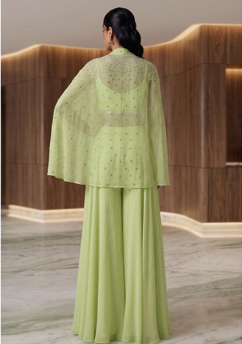 Mint Green Embroidered Handwork Fusion Set - Indya