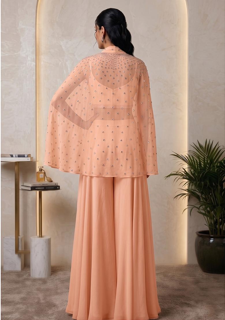 Peach Mousse Embroidered Handwork Fusion Set - Indya