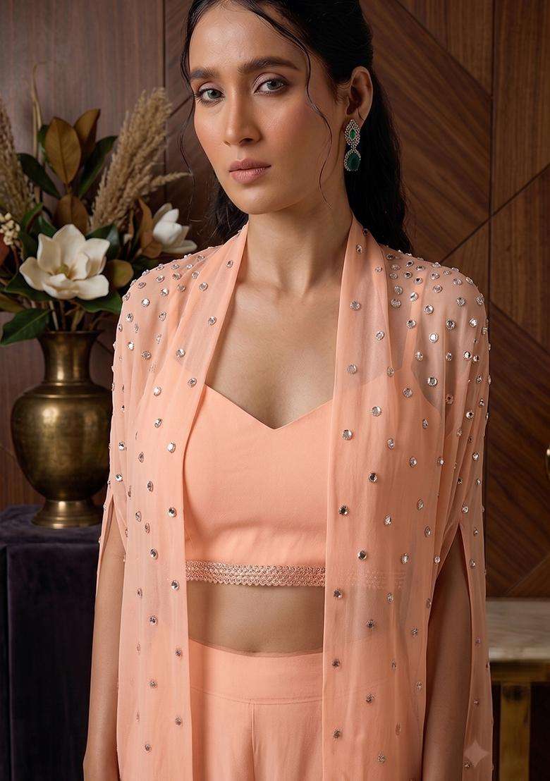 Peach Mousse Embroidered Handwork Fusion Set - Indya