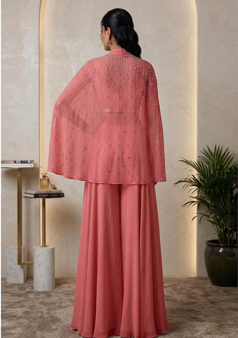 Coral Embroidered Handwork Fusion Set - Indya