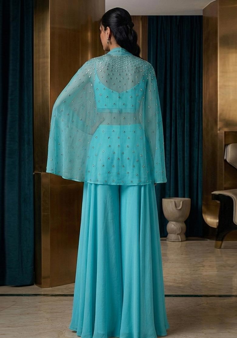 Blue Turquoise Embroidered Handwork Fusion Set - Indya