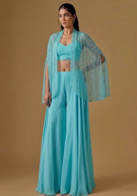 Blue Turquoise Crepe Handwork Fusion Set