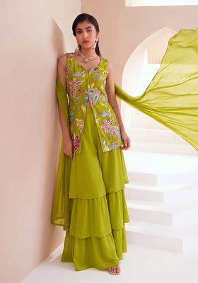 Lime Green Printed Crepe Sharara Set