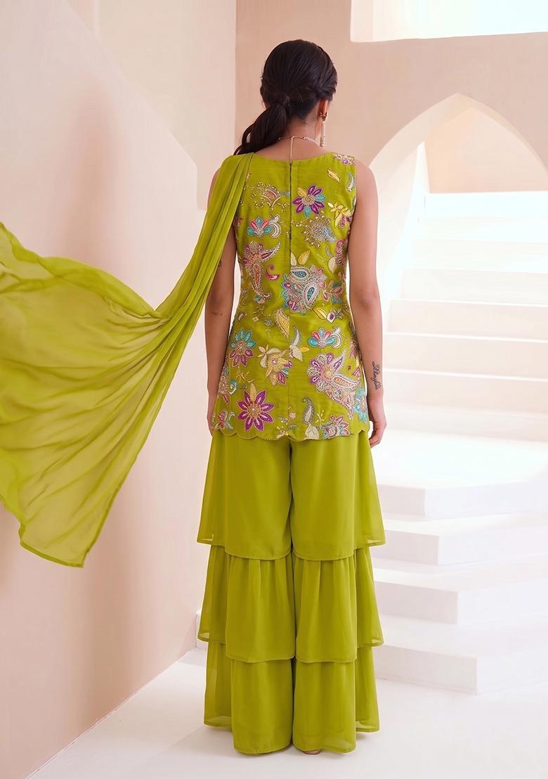 Lime Green Printed Crepe Sharara Set - Indya