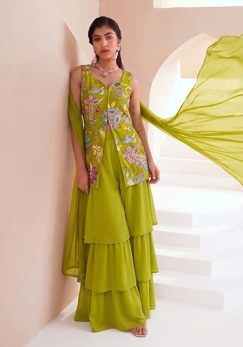 Lime Green Velvet Embroidered Sharara Set