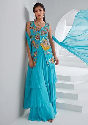 Sky Blue Printed Crepe Sharara Set
