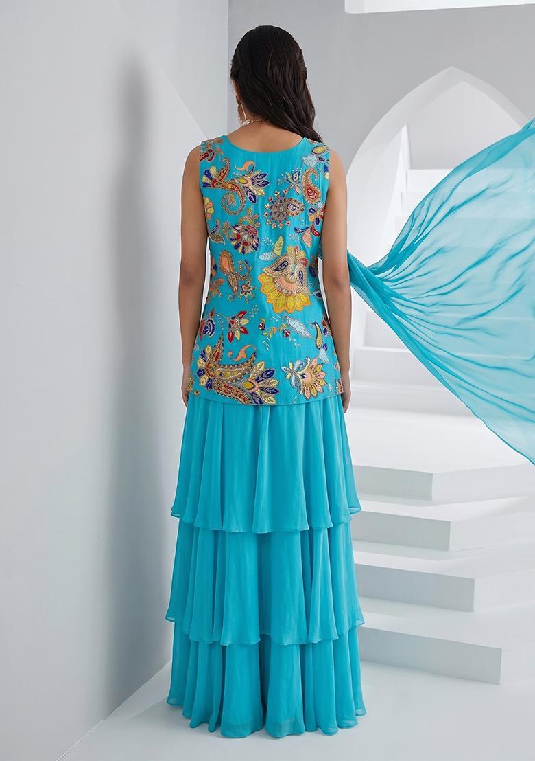 Sky Blue Printed Crepe Sharara Set - Indya