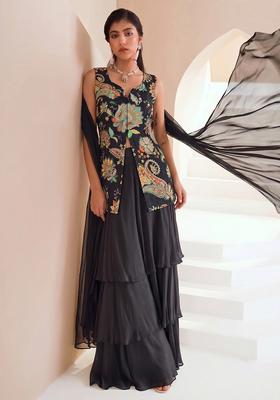 Black Printed Crepe Sharara Set