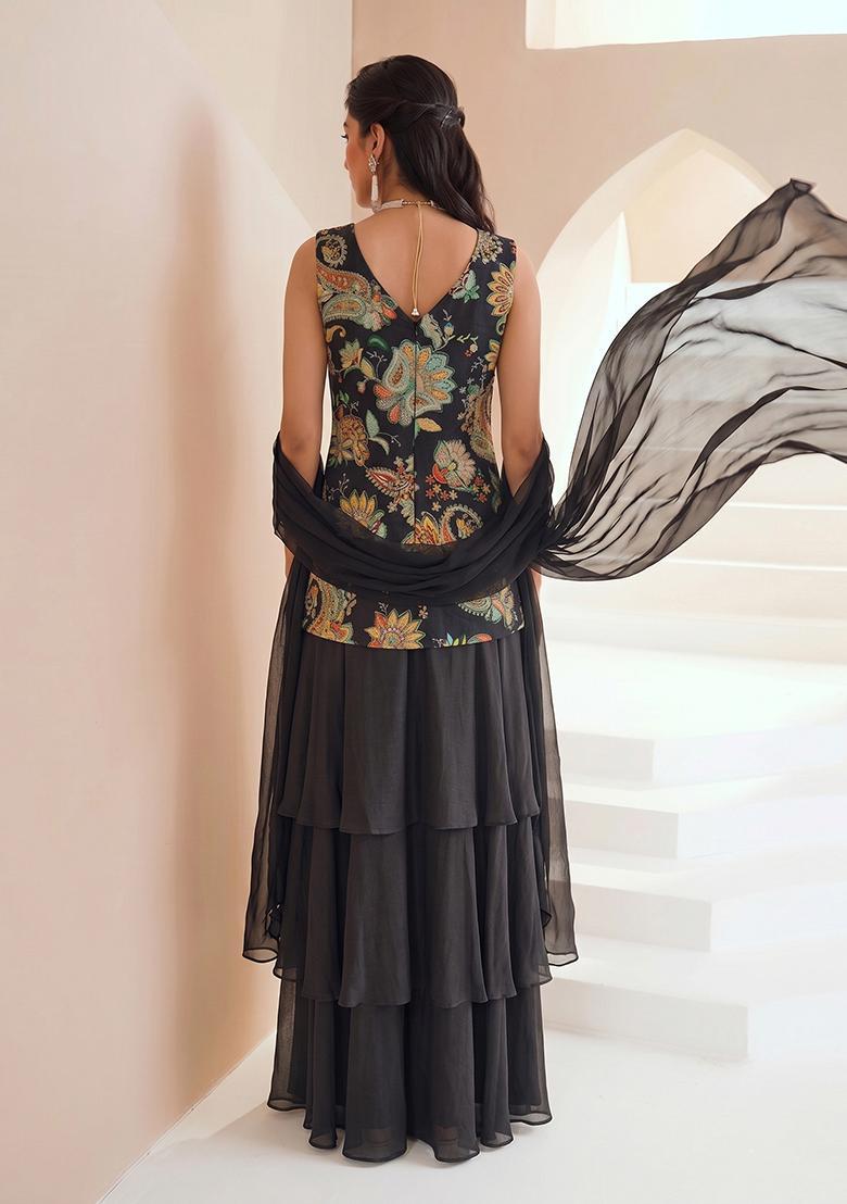 Black Printed Crepe Sharara Set - Indya