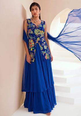 Royal Blue Printed Crepe Sharara Set