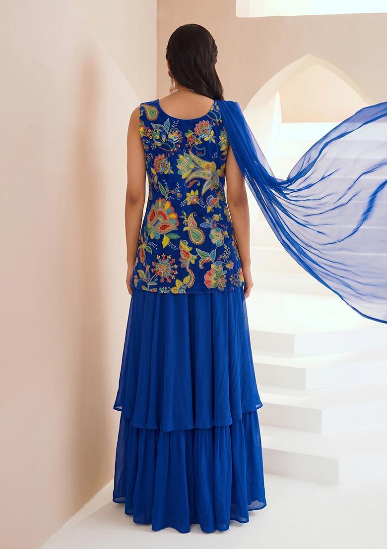 Royal Blue Printed Crepe Sharara Set - Indya