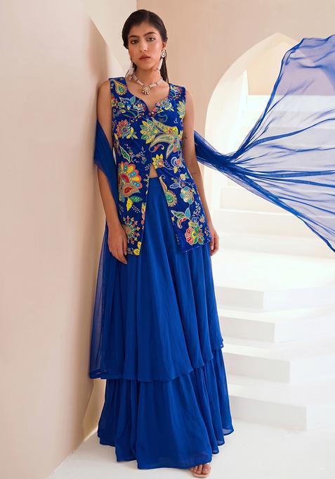 Royal Blue Silk Blend Embroidered Sharara Set