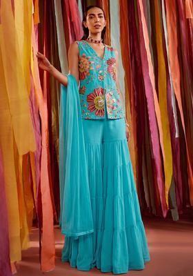 Aqua Blue Embroidered Organza Sharara Set
