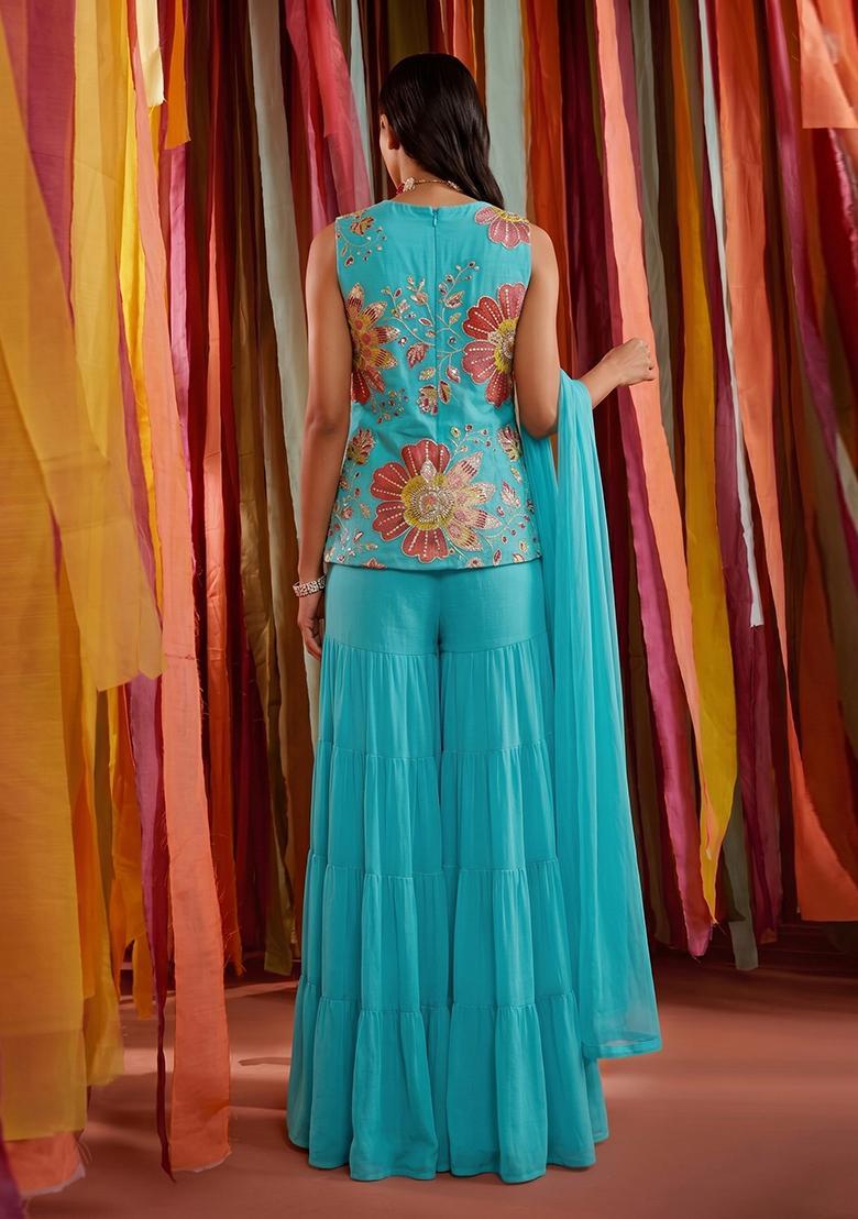 Aqua Blue Embroidered Organza Sharara Set - Indya