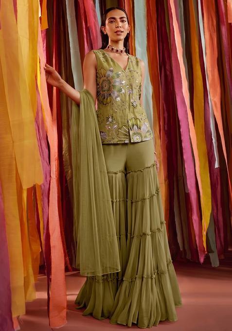Olive Green Crepe Embroidered Sharara Set