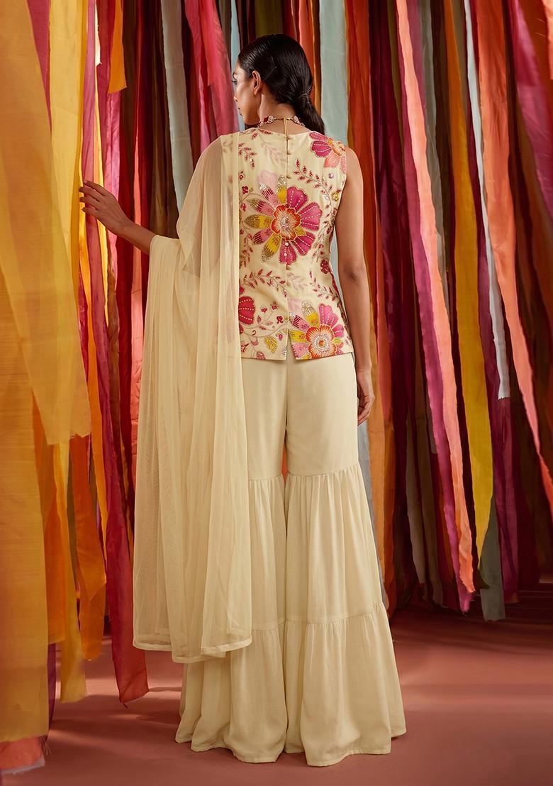 Cream Embroidered Organza Sharara Set - Indya