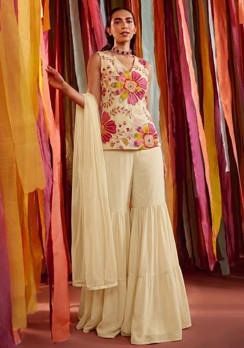 Cream Silk Blend Embroidered Sharara Set