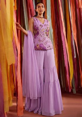 Lilac Embroidered Organza Sharara Set