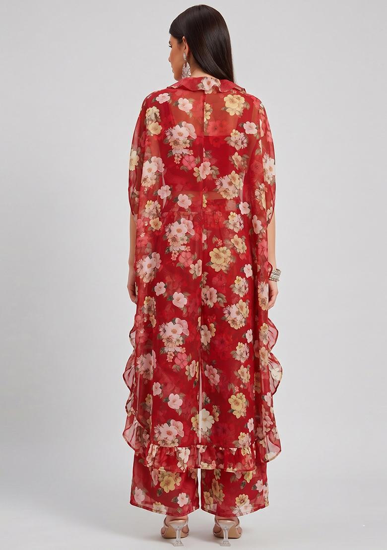 Red Printed Silk Fusion Set - Indya