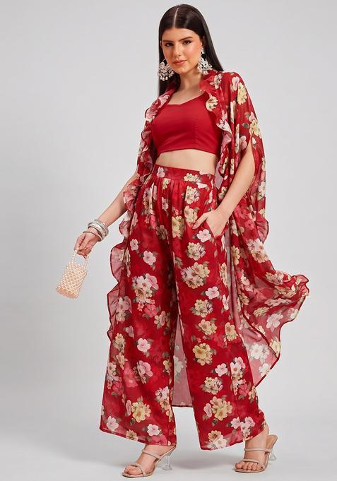Red Crepe Floral Print Fusion Set