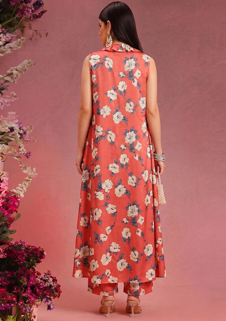 Coral Silk Blend Floral Print Fusion Set - Indya