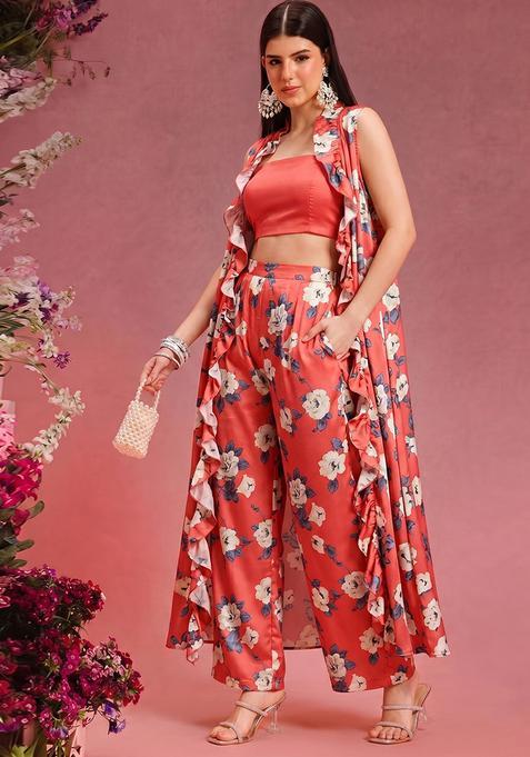 Coral Silk Blend Floral Print Fusion Set