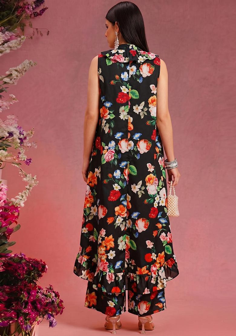 Black Printed Silk Fusion Set - Indya