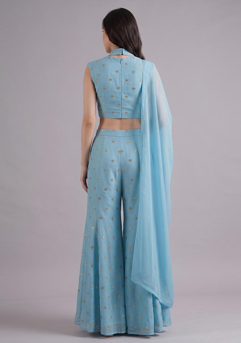 Sky Blue Sequin Georgette Sharara Set - Indya