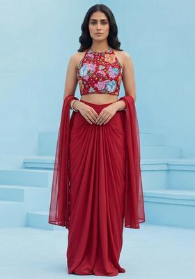 Red Printed Crepe Fusion Set