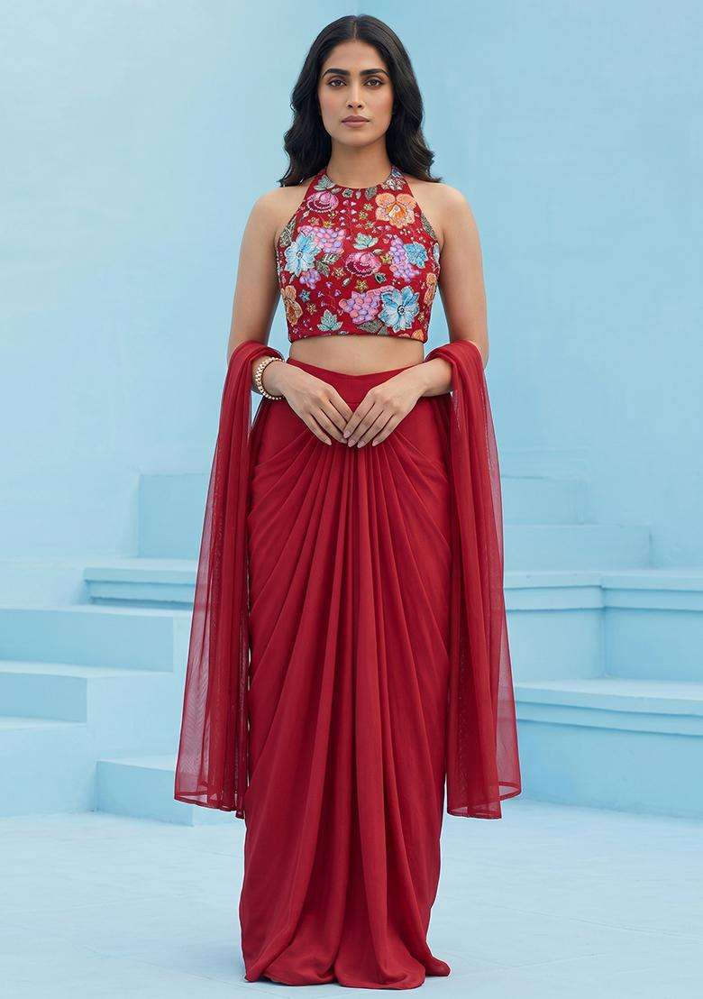 Red Printed Crepe Fusion Set - Indya