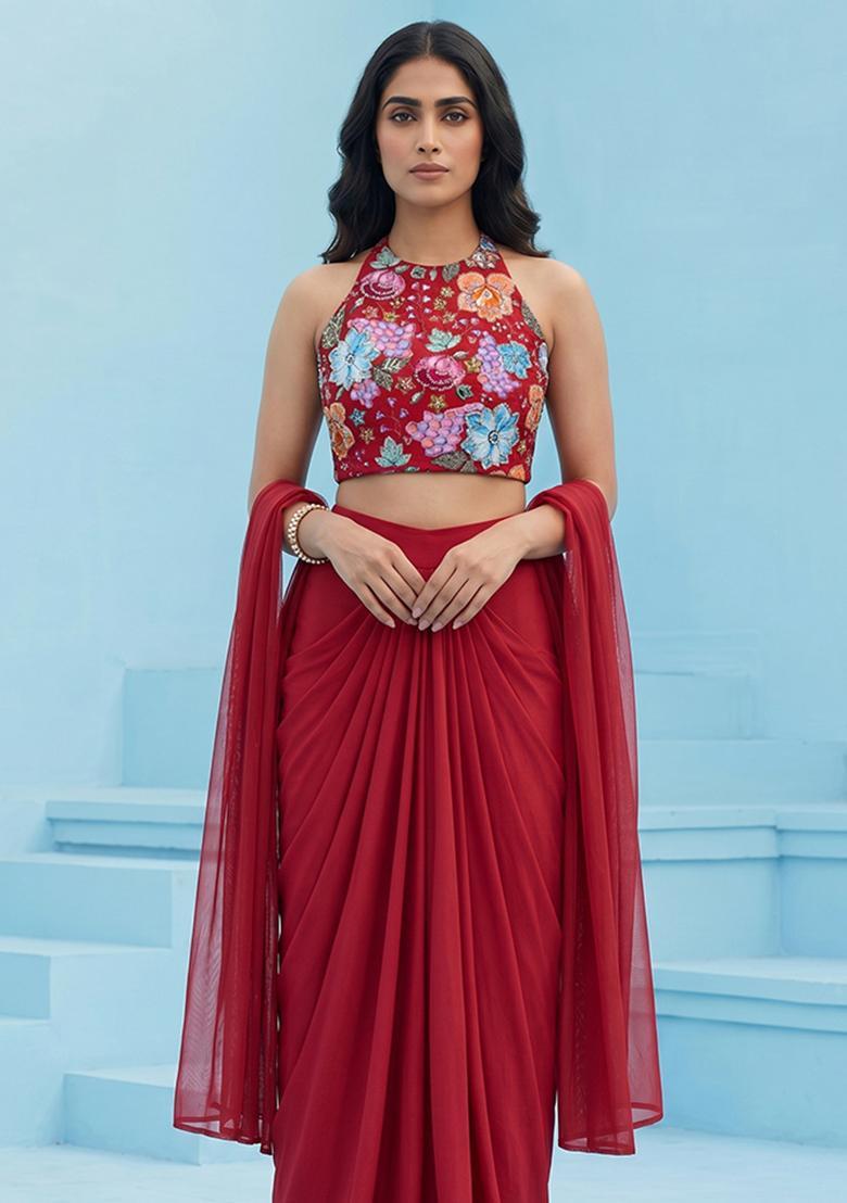 Red Printed Crepe Fusion Set - Indya
