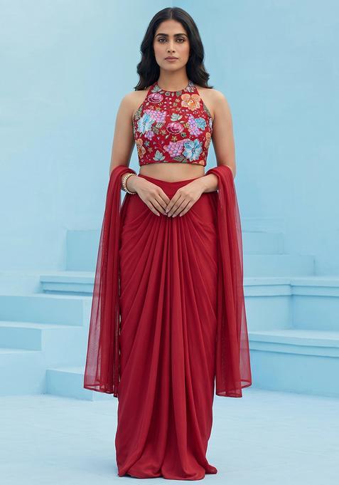 Red Silk Embroidered Fusion Set