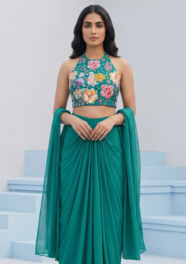 Green Printed Crepe Fusion Set - Indya