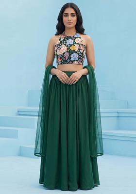 Bottle Green Printed Crepe Fusion Set