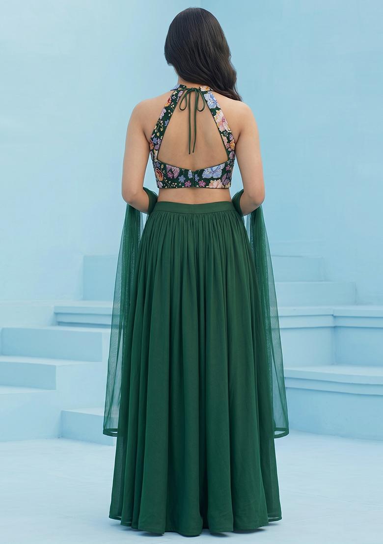 Bottle Green Printed Crepe Fusion Set - Indya