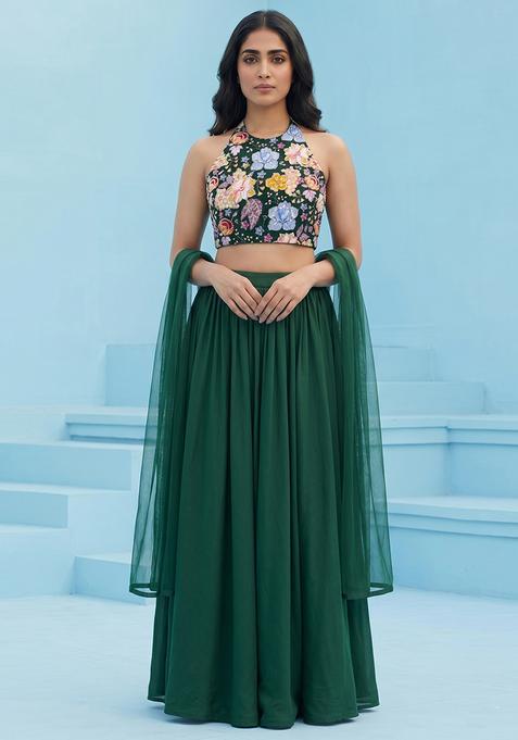 Bottle Green Silk Embroidered Fusion Set
