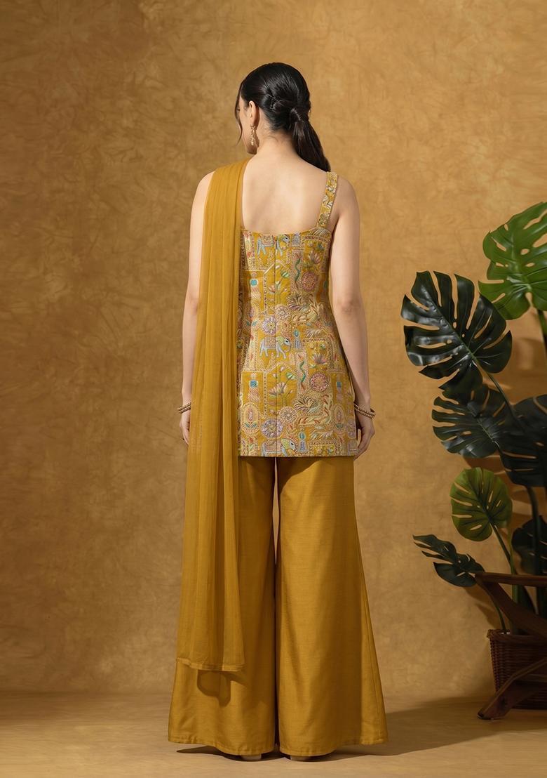 Mustard Jacquard Silk Sharara Set - Indya