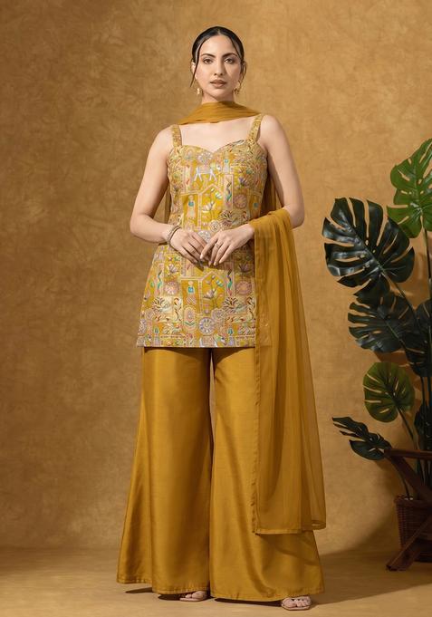 Mustard Silk Blend Embroidered Sharara Set
