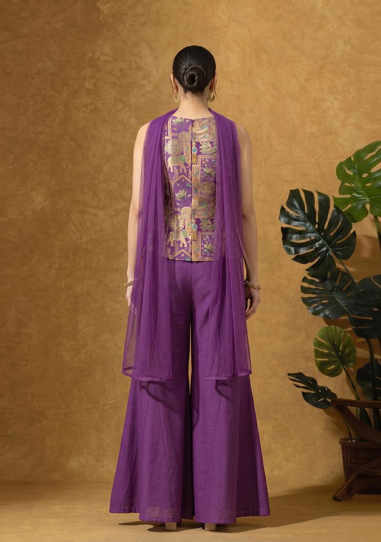 Purple Jacquard Silk Sharara Set - Indya